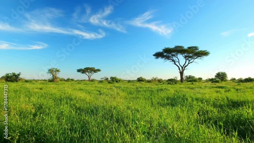 Lush Green Field Under a Bright Blue Sky with Wispy White Clouds Daytime Natural Beauty and Serene Landscape Wide Shot Rural Scenery Sunny
