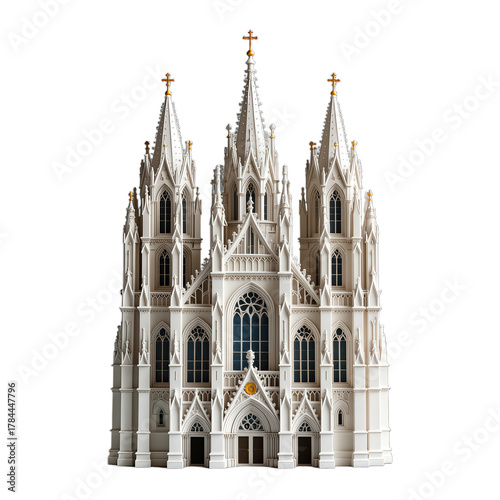 Gothic Cathedral Facade with Three Pointed Spires Isolated