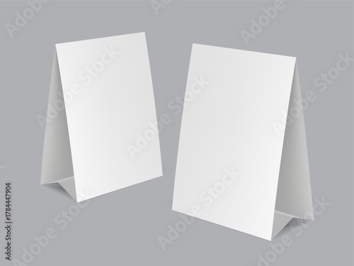 Table tent template. White blank paper countertop pop banner stand. Realistic mockup. Desktop promotional graphic display card vector mock-up Stand Up Clear Card Mockup On Table. EPS10 Vector
