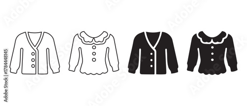 Women’s Top Icon Set. Black and White Silhouettes of Blouses and Cardigans with V-Neck and Scalloped Collar Variations for Fashion and UI Design.