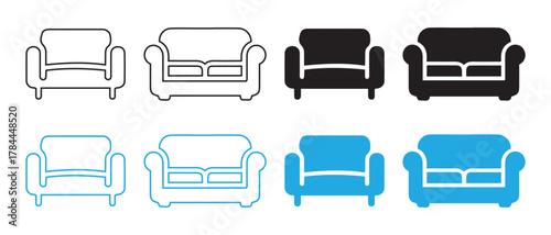 Minimalist Sofa Icons. Black & Blue Two-Seater Variants in Outline and Solid Styles.