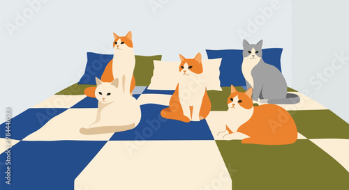 Illustration of five cats sitting together on colorful checkered bed with pillows and cozy atmosphere