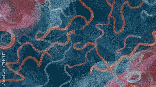 Abstract digital art piece with a dark blue background. the background has a repeating pattern of orange and pink lines that create a sense of movement and energy.