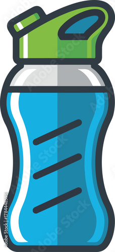 Blue water bottle vector illustration with green flip top lid for hydration and fitness activities