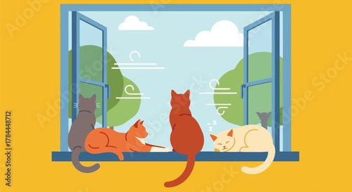 Illustration of four cats sitting on window ledge enjoying scenic outdoor view with trees and sky