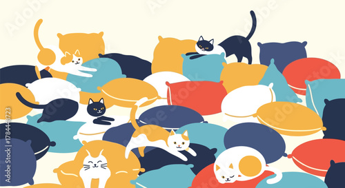 Illustration of playful cartoon cats lounging and relaxing on colorful cushions and pillows