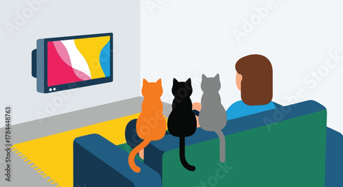 Illustration of man and three cats watching television together in cozy living room scene