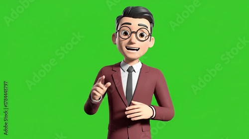 Animated 3D Businessman Character Talking on Green Screen Background.