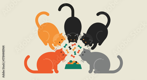 Illustration of four colorful cats eating together from a single bowl, flat design illustration