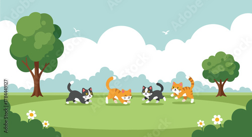 Illustration of playful cartoon kittens running together in a green park with trees and flowers