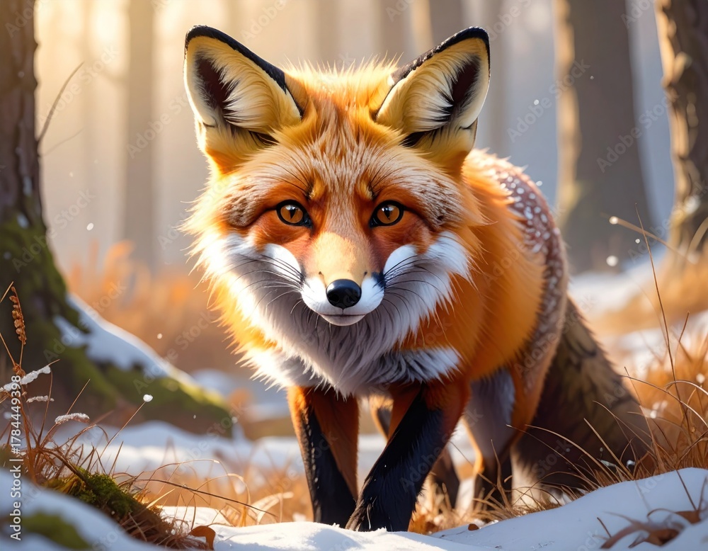 Fototapeta premium A vibrant fox with striking eyes walks in a snowy, sunlit forest