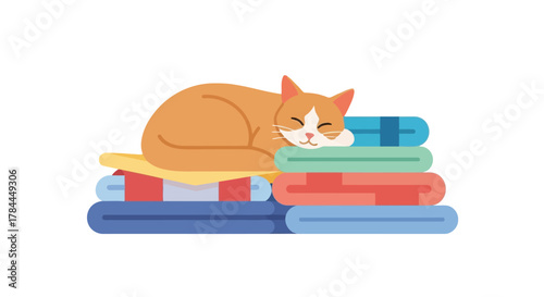Illustration of orange cat sleeping peacefully on stacked towels