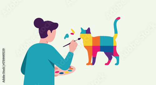 Illustration of artist painting colorful pixelated cat with brush and palette in creative illustration