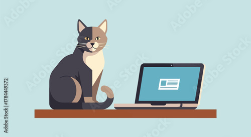 Illustration of cute cat sitting next to open laptop on wooden table, flat design illustration