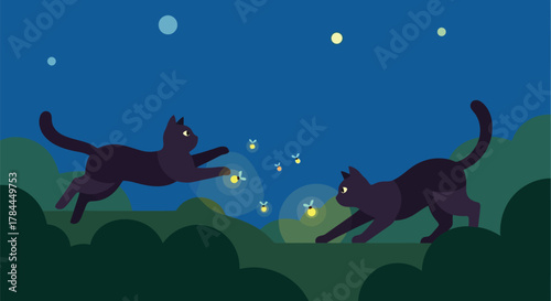 Illustration of two black cats chasing fireflies in a nighttime forest scene with glowing bugs