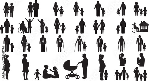 Diverse family and people silhouettes icon set vector isolated on white background for demographic design