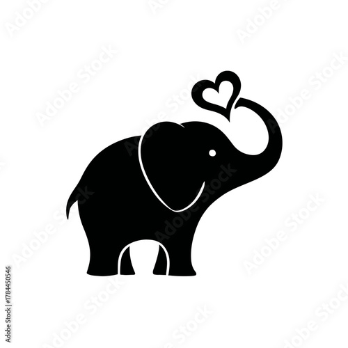 Black elephant silhouette with heart shape above white background design concept