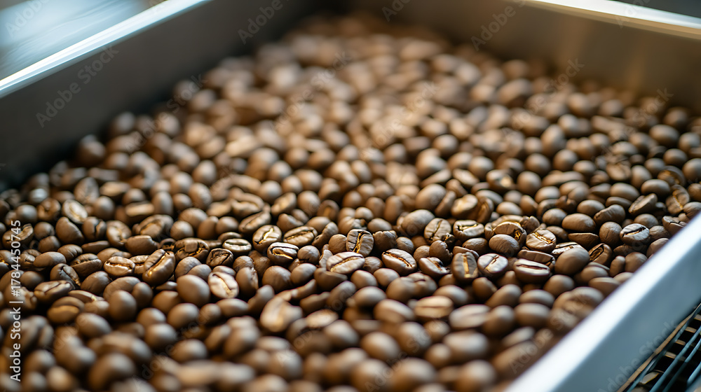 Obraz premium Aromatic perfection in every bean! Freshly roasted coffee beans in a metallic container, ready to be grounded and brewed into a delicious cup of coffee.