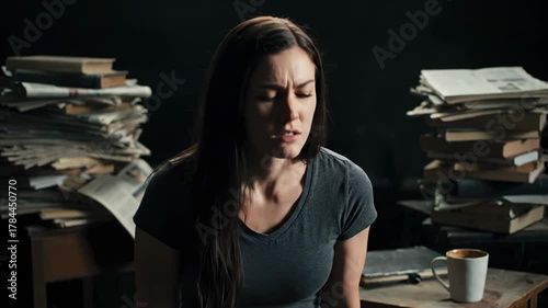 Concerned Woman with Dark Hair in Gray Shirt Sits Amid Piles of Books and Papers on Wooden Table with Cup in Dark Room with Moody Lighting