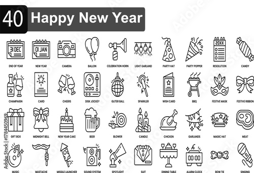 Set of icon for a new year party, from gift boxes and greeting cards to party attire such as suits and magic hats etc. making it ideal for event design