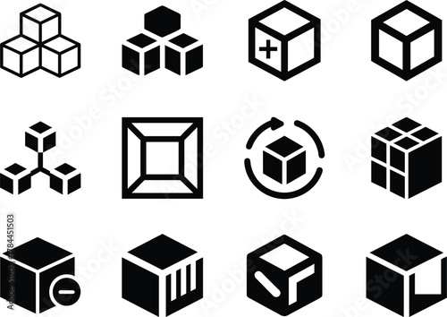 Minimal cube icon set. Bold silhouette vector for 3D, design, geometry, and packaging concepts.