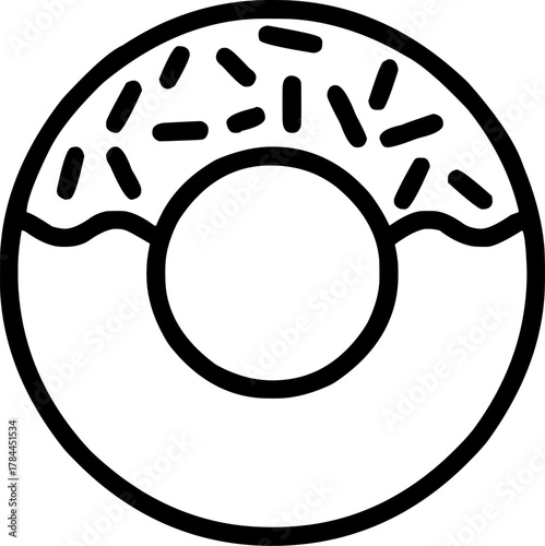Line art vector icon of a donut with frosting and sprinkles ideal for food related designs