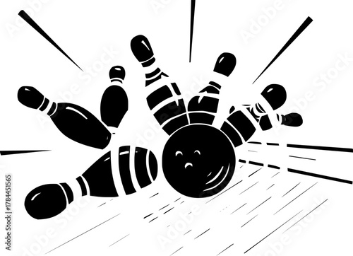 Black and white vector illustration of a bowling ball striking pins depicted as a stylized silhouette