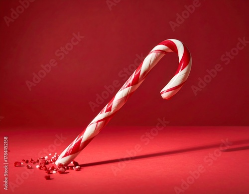 A single candy cane, red and white striped, leans against a red backdrop. Small red sprinkles are at the base