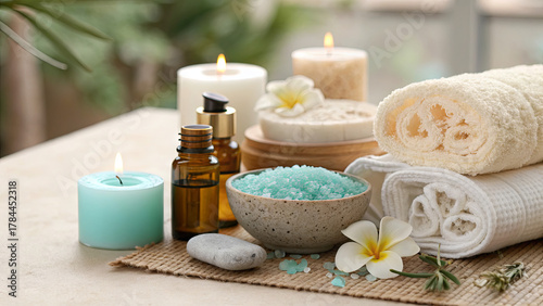 A calming scene featuring cozy candles, aromatic oils, and colorful bath salts arranged neatly with soft towels and flowers, creating a peaceful spa atmosphere at home