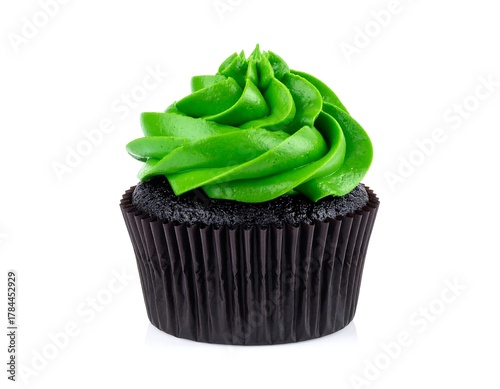 A single chocolate cupcake with vibrant green frosting sits centered against a clean white background