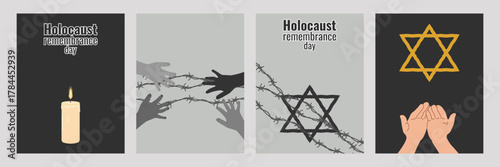 Holocaust Remember Day Honor Legacy Past Fairness. Set artboard. Symbolizes memory justice and history. For web design and educational projects. Vector illustration.