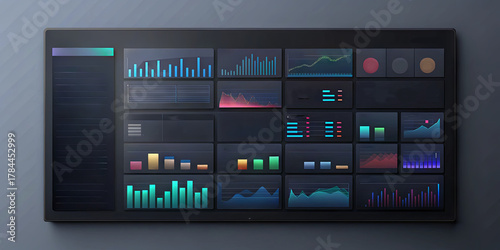 A dynamic dashboard displays various colorful charts and graphs. The visual elements present data related to performance metrics, trends, and comparisons, highlighting important insights