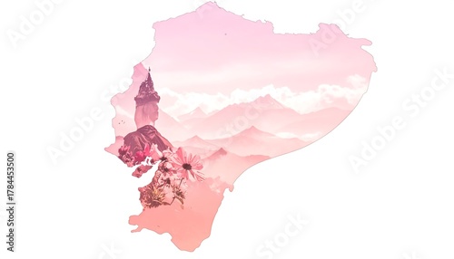 Ecuadorian landscape art with pink hues and city details.