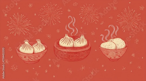 Illustration of three bowls of dumplings on a red background. the bowls are arranged in a triangular formation, with the largest bowl in the center and two smaller bowls on either side.