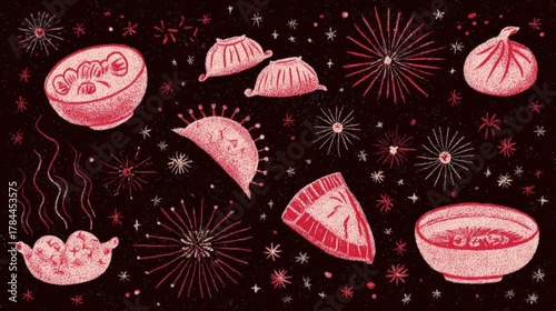 Illustration of various types of food items arranged in a scattered manner on a black background. there are six items in total, each with a unique design and color scheme.