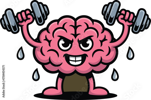 Cartoon brain character vector lifting dumbbells with a determined expression, symbolizing mental strength and workout.