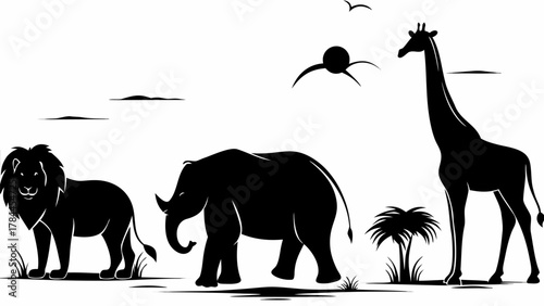 Striking black and white African wildlife silhouette featuring a lion, elephant, and giraffe in nature