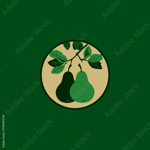 Stylized illustration of two pears hanging from a branch with leaves