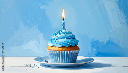 A single cupcake, frosted with vibrant blue icing and a lit candle, sits on a small plate. A blue painted background complements the dessert