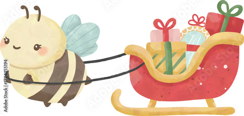 Bee Pulling Sleigh with Gifts | Cute Watercolor Christmas Illustration