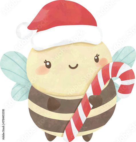 Cute Bee with Candy Cane | Watercolor Christmas Illustration