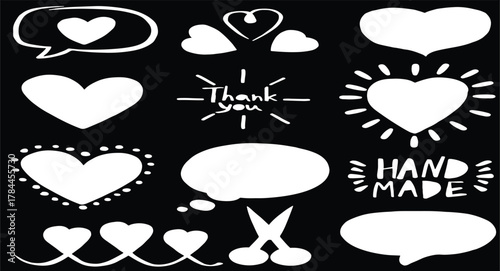 Set of sketch icons for site or mobile application. Set of sketch icons hearts shapes vector. Grunge heart shapes set with distressed textures in black , Collection of grunge style heart icons.