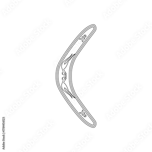 Outline vector of a traditional Australian boomerang decorated with kangaroo motifs, representing aboriginal art and cultural identity.