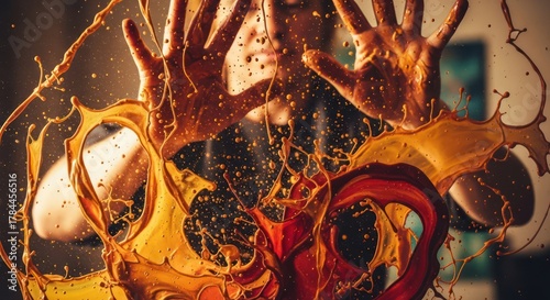 Close-up of two hands splashing and swirling vibrant orange and red liquid against a blurred background with warm tones.