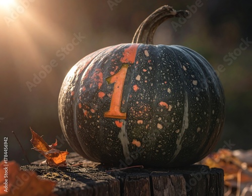 A single, dark green pumpkin with an orange '1' carved in it sits atop a tree stump in the sunshine, with autumn leaves around it