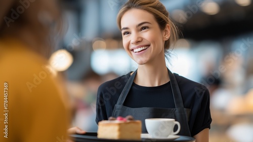 A cheerful female server greets her customer warmly in a lively restaurant. She holds a tray with a tempting cake and coffee, bringing joy to the dining experience