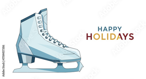 Stylized illustration of a light blue figure skate with the words happy holidays in festive colors on a white background
