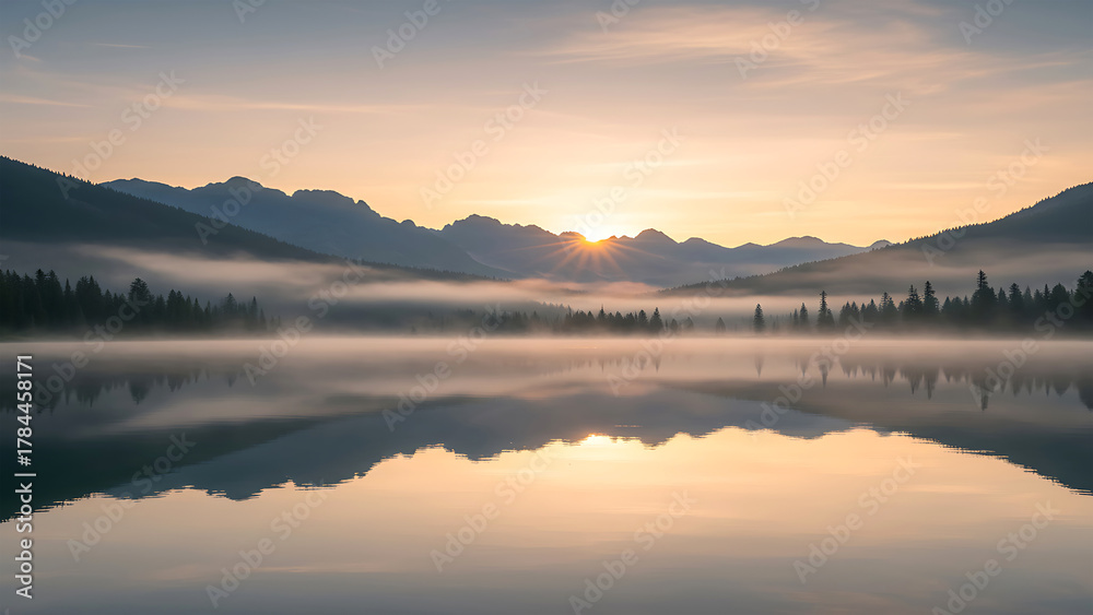 Fototapeta premium Misty Mountain Reflection on Lake at Soft Golden Sunrise