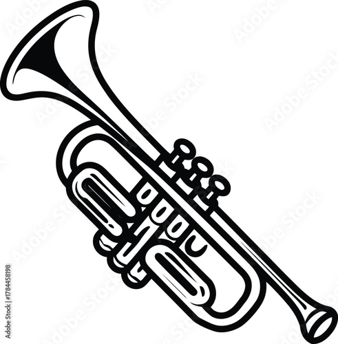 Black and white illustration of a classic trumpet musical instrument
