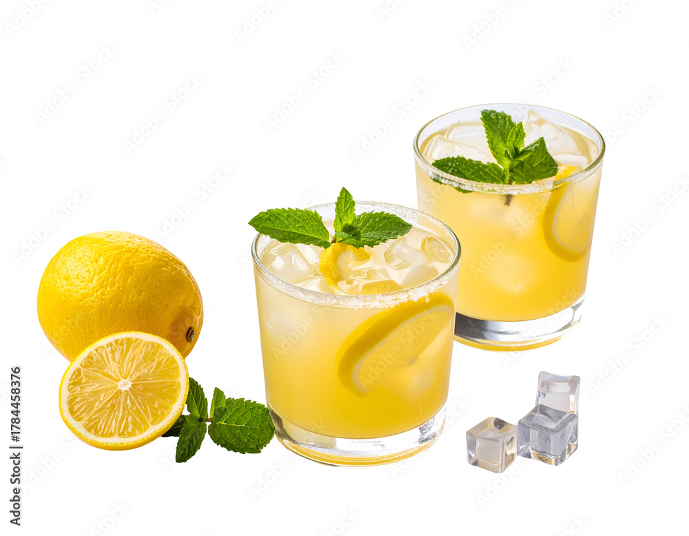 Fototapeta premium Refreshing lemon and mint beverages served in glasses with ice cubes and fresh lemon slices